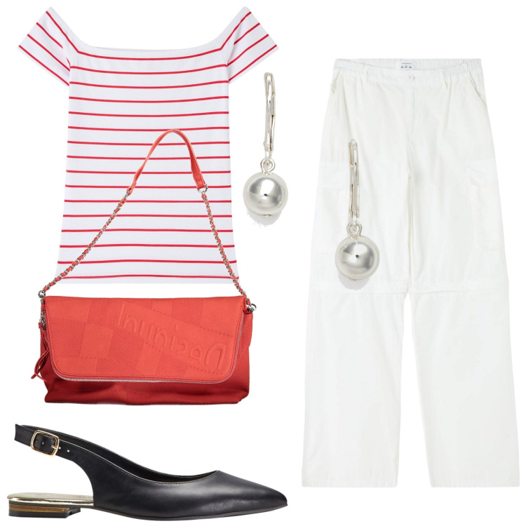 Outfit donna - La maglia tra le righe. Stile Casual chic per Tutti i giorni. look ideale per Petite. Abbinamento con ballerine, pantaloni cargo, t-shirt, orecchini, borse a mano.