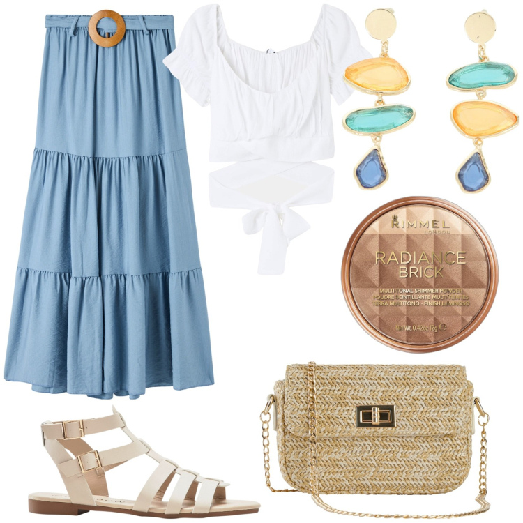 Outfit donna - Aspettando l\'estate. Stile Etnico per Tutti i giorni. Abbinamento con sandali, borse a mano, terre, bluse, gonne lunghe, orecchini.
