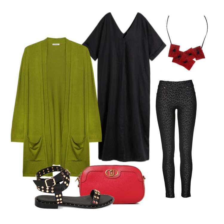 Outfit donna - Qualcuno stona. Stile Basic per Serata fuori. Abbinamento con jeggings, caftani, ciondoli, sandali, cardigans, borse a tracolla.