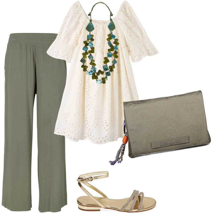 Outfit donna - Easy curvy. Stile Casual chic per Tutti i giorni. Abbinamento con pantaloni, vestiti corti, sandali gioiello, collane, collane.