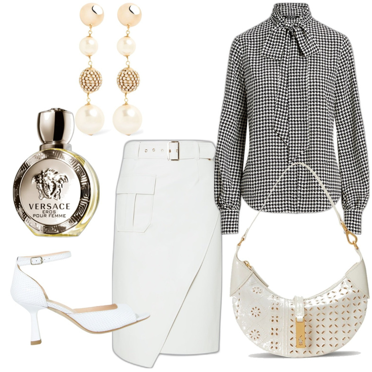 Outfit donna - Chic. Stile Chic per Serata fuori. Abbinamento con profumi, décolleté, camicie, borse a spalla, gonne, orecchini.