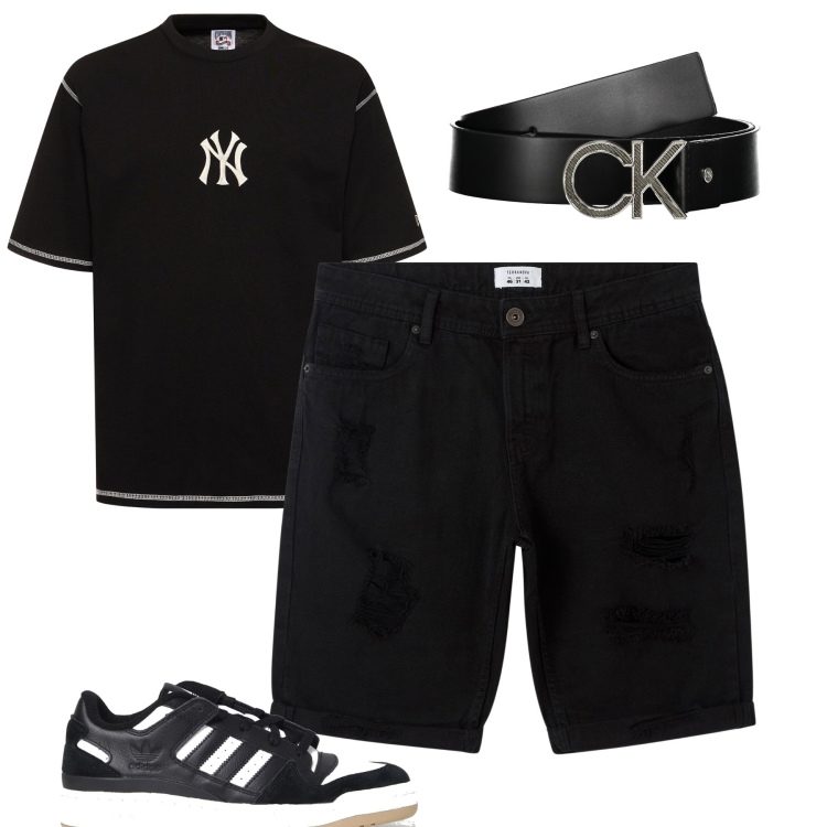 Outfit uomo - City. Stile Casual per Tutti i giorni. Abbinamento con bermuda, sneakers, cinture, t-shirt.