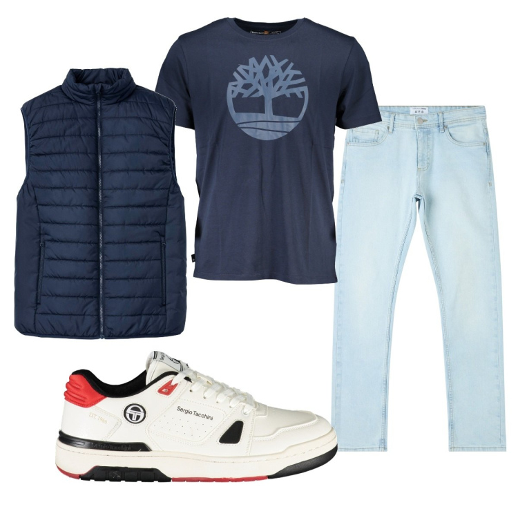 Outfit uomo - Total look #1879906. Stile Casual per Tutti i giorni. Abbinamento con gilet, jeans dritti, t-shirt, scarpe sportive.