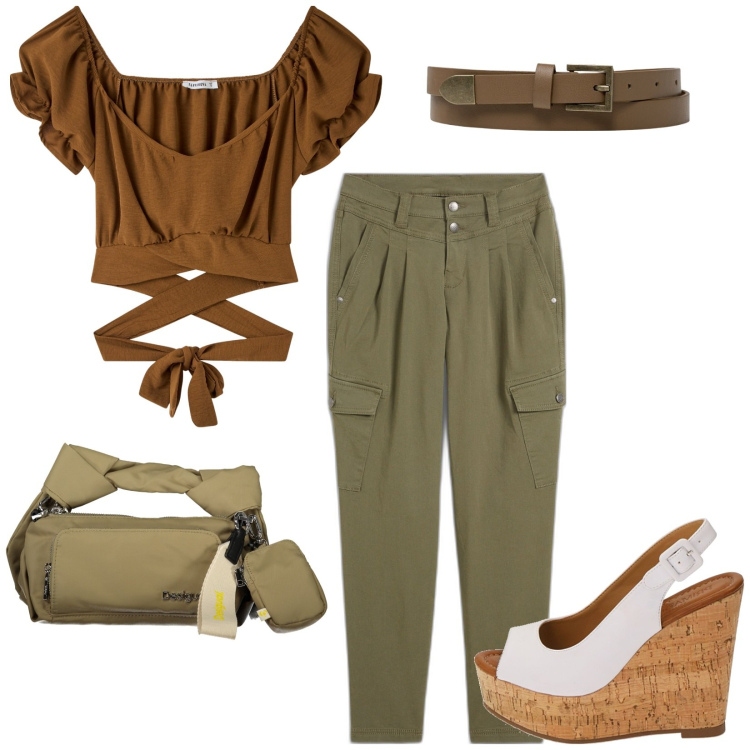 Outfit donna - Total look #1879914. Stile Casual per Tutti i giorni. Abbinamento con pantaloni cargo, bluse, zeppe, cinture, borse a spalla.