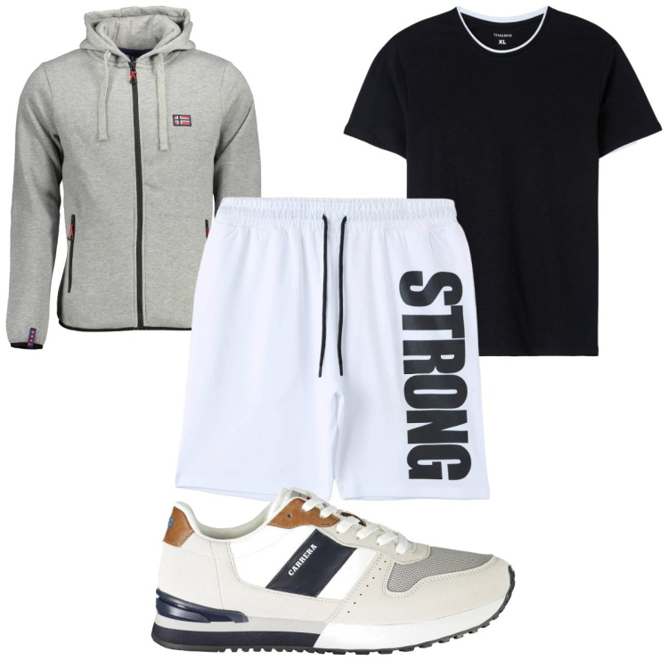 Outfit uomo - Total look #1879947. Stile Trendy per Sport. Abbinamento con t-shirt, bermuda, felpe con cappuccio, sneakers.