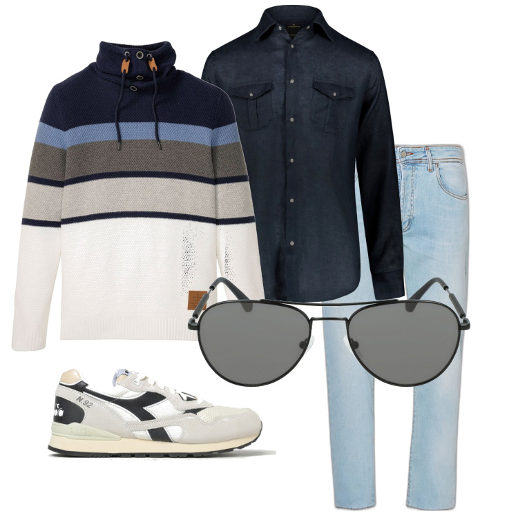 Outfit uomo - In città. Stile Casual per Tutti i giorni. Abbinamento con maglieria, camicie, sneakers, occhiali da sole, jeans.