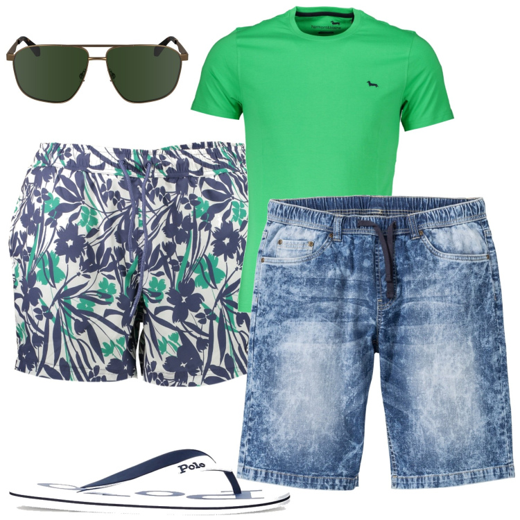 Outfit uomo - Mare. Stile Casual per Mare. Abbinamento con bermuda, sandali, t-shirt, costumi, occhiali da sole.