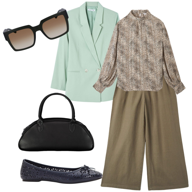 Outfit donna - Al lavoro di lunedì. Stile Minimal per Tutti i giorni. Abbinamento con ballerine, bluse, blazer, pantaloni, borse a spalla, occhiali da sole.
