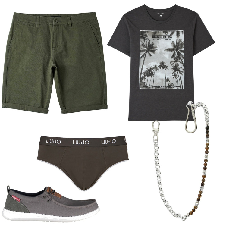 Outfit uomo - Scarpe stringate. Stile Urban per Tutti i giorni. Abbinamento con t-shirt, bermuda, collane, scarpe stringate, slip.