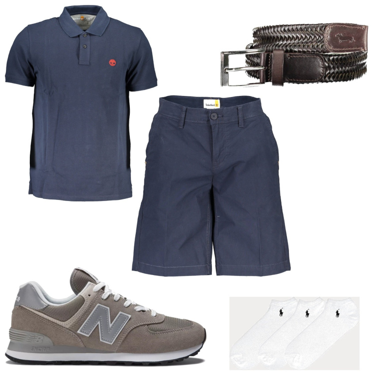 Outfit uomo - Estate in città. Stile Trendy per Tutti i giorni. Abbinamento con sneakers, calzini, polo, cinture, bermuda.
