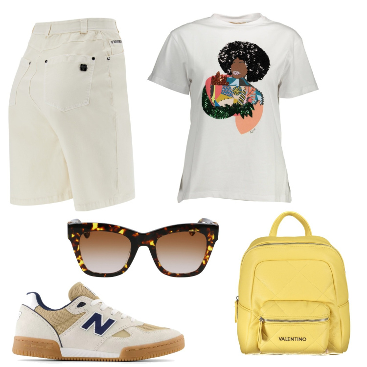 Outfit donna - New balance. Stile Basic per Tutti i giorni. Abbinamento con sneakers, bermuda, occhiali da sole, t-shirt, zaini.