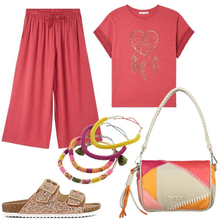 Outfit donna - I pantaloni leggeri. Stile Basic per Tutti i giorni. Abbinamento con braccialetti, pantaloni a palazzo, t-shirt, sandali, borse a spalla.