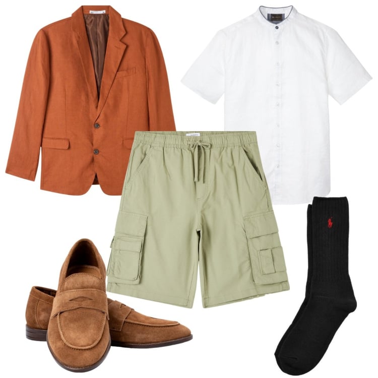 Outfit uomo - Total look #1880005. Stile Trendy per Tutti i giorni. Abbinamento con camicie a manica corta, giacche, pantaloni corti, calzini, scarpe stringate.