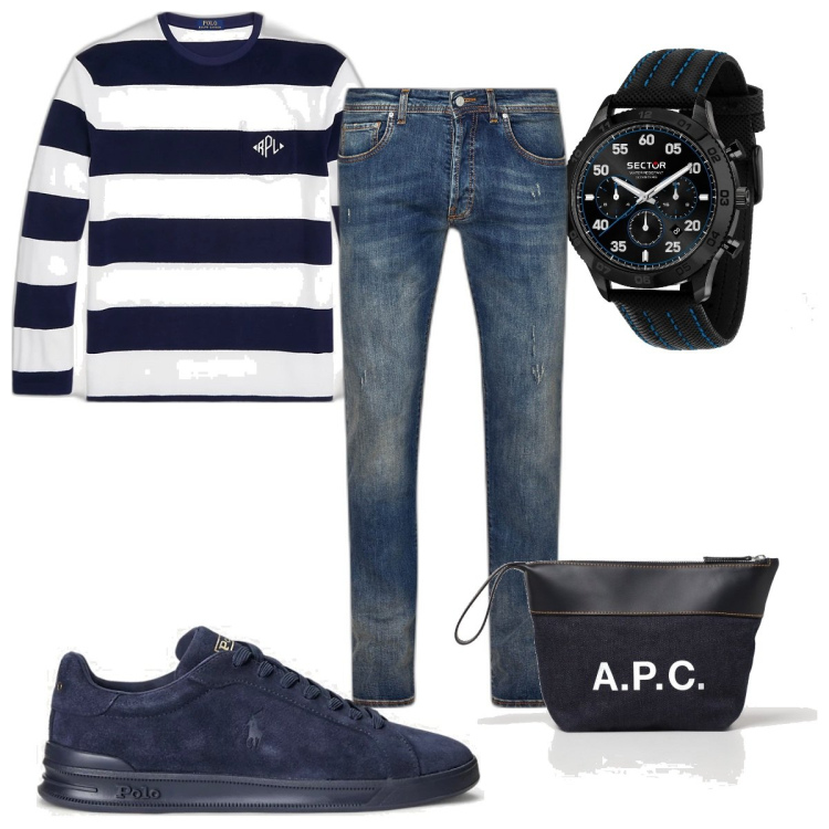 Outfit uomo - Total look #1880012. Stile Trendy per Tutti i giorni. Abbinamento con orologi, sneakers, t-shirt, jeans slim fit, borse sportive.
