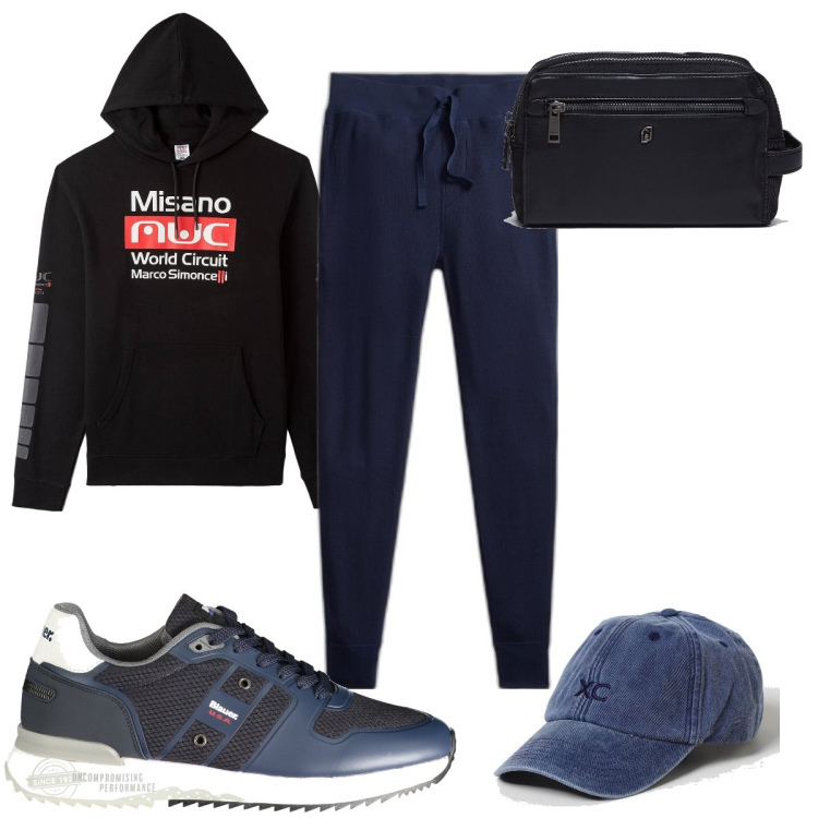 Outfit uomo - Total look #1880015. Stile Trendy per Sport. Abbinamento con felpe con cappuccio, pantaloni, cappelli, sneakers, borse sportive.