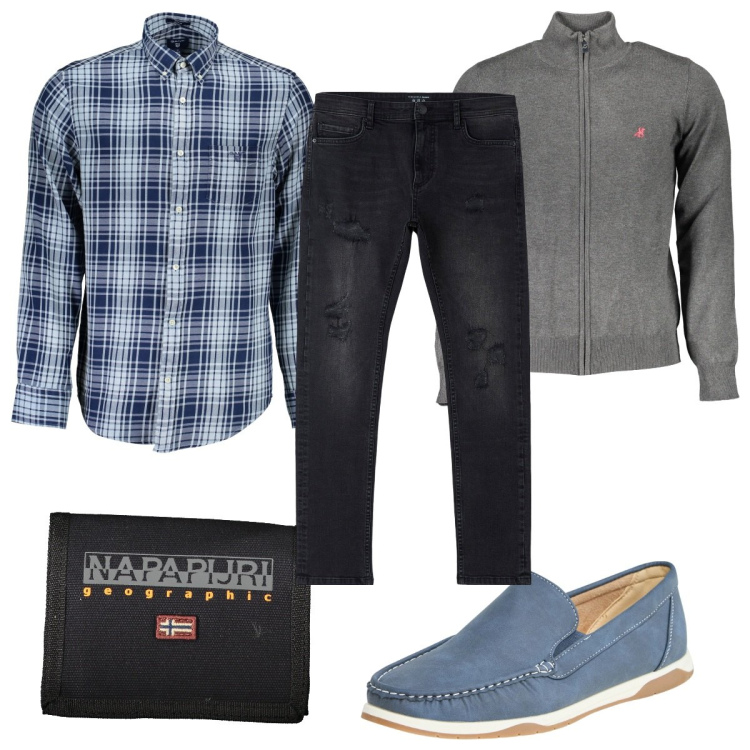 Outfit uomo - Total look #1880052. Stile Trendy per Tutti i giorni. Abbinamento con jeans strappati, scarpe stringate, camicie, portafogli, cardigans.