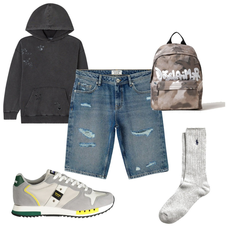 Outfit uomo - Total look #1880054. Stile Urban per Tutti i giorni. Abbinamento con shorts, felpe con cappuccio, calzini, borse sportive, sneakers.