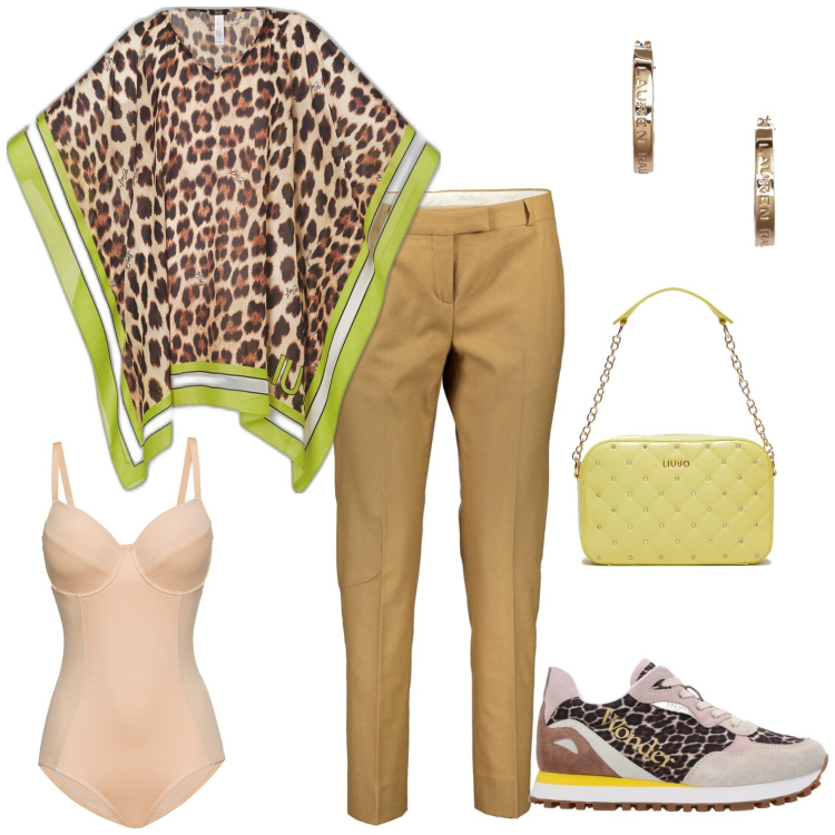 Outfit donna - Casual - elegante per lo shopping!. Stile Casual chic per Tutti i giorni. Abbinamento con body, orecchini, caftani, pantaloni, borse a tracolla, sneakers.