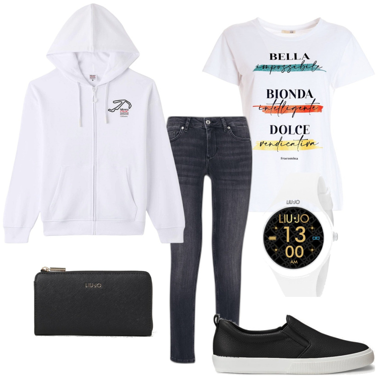 Outfit donna - Total look #1880121. Stile Casual per Tutti i giorni. Abbinamento con felpe con cappuccio, t-shirt, sneakers, jeans skinny, portafogli, orologi.