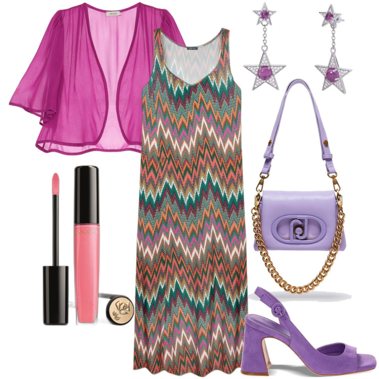 Outfit donna - Tra il viola e il ciclamino. Stile Boho per Serata fuori. Abbinamento con gloss, orecchini, sandali col tacco, cardigans, vestiti lunghi, borse a tracolla.