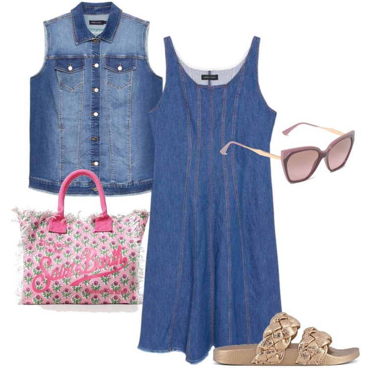 Outfit donna - Vestirsi in denim. Stile Casual chic per Mare. Abbinamento con ciabatte, borse tote, occhiali da sole, gilet, vestiti lunghi.