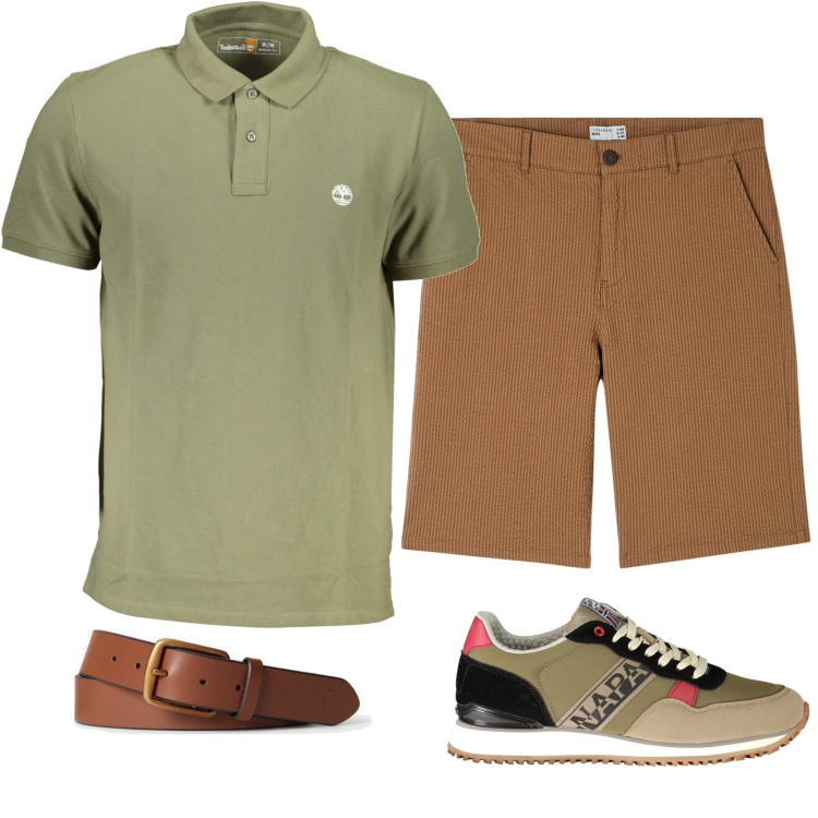 Outfit uomo - Nel verde. Stile Casual per Tutti i giorni. Abbinamento con bermuda, cinture, polo, sneakers.