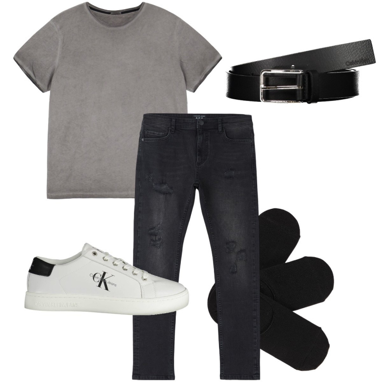 Outfit uomo - Scarpe e cintura Calvin Klein. Stile Urban per Ufficio. Abbinamento con jeans strappati, calzini, t-shirt, sneakers, cinture.