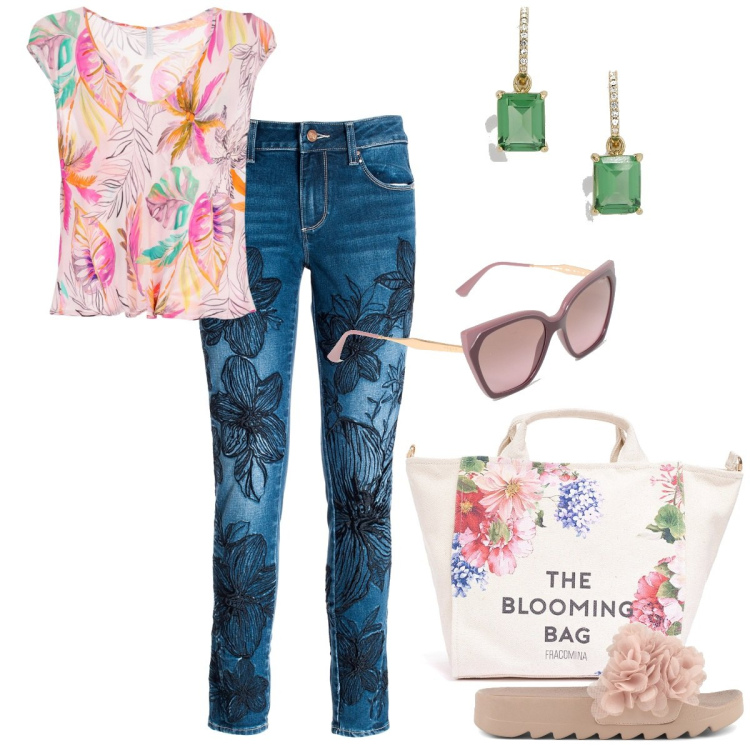 Outfit donna - Stampe e motivi floreali. Stile Casual chic per Tutti i giorni. Abbinamento con top, jeans skinny, borse tote, orecchini, ciabatte, occhiali da sole.
