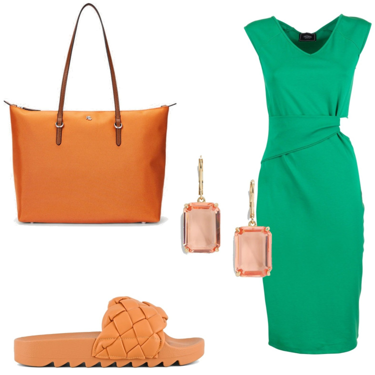 Outfit donna - Verde e arancio insieme. Stile Casual chic per Tutti i giorni. look ideale per Petite. Abbinamento con vestiti midi/longuette, borse tote, orecchini, ciabatte.