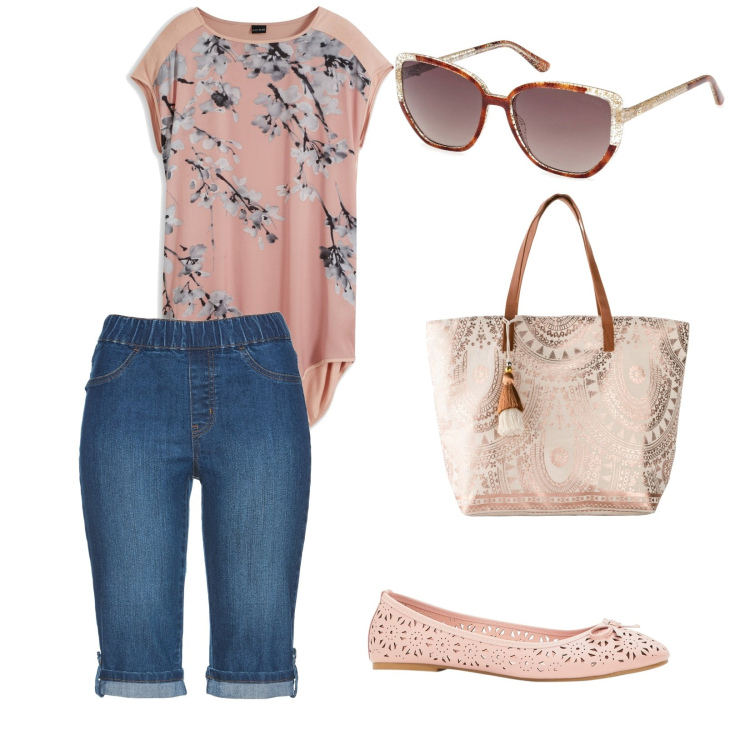 Outfit donna - Alle poste in vacanza. per Tutti i giorni. Abbinamento con ballerine, bermuda, maglieria, shopping bag, occhiali da sole.