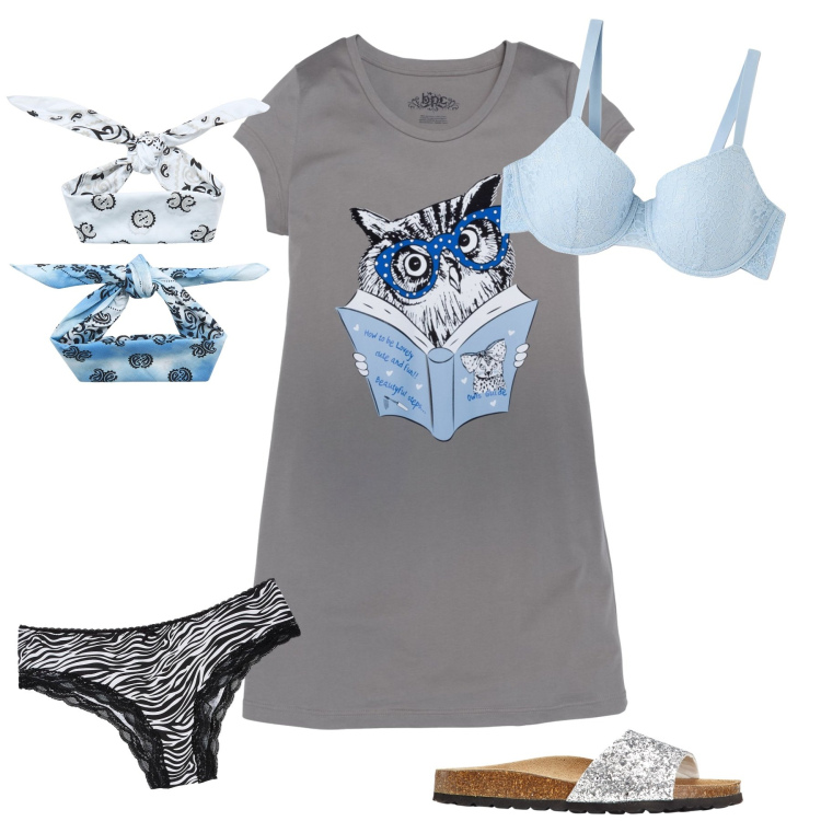 Outfit donna - Relax bon ton. Stile Minimal per Tutti i giorni. Abbinamento con camicie da notte, ciabatte, reggiseni a balconcino, fasce per capelli, culotte.