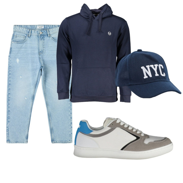Outfit uomo - Total look #1880279. Stile Casual per Tutti i giorni. Abbinamento con jeans strappati, cappelli, scarpe sportive, felpe con cappuccio.