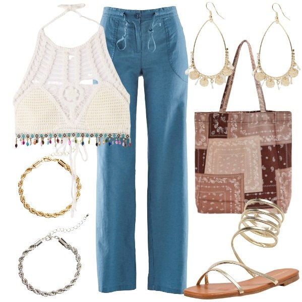 Outfit donna - Total look #1880291. Stile Glamour per Tutti i giorni. Abbinamento con pantaloni a palazzo, braccialetti, sandali, shopping bag, top, orecchini.