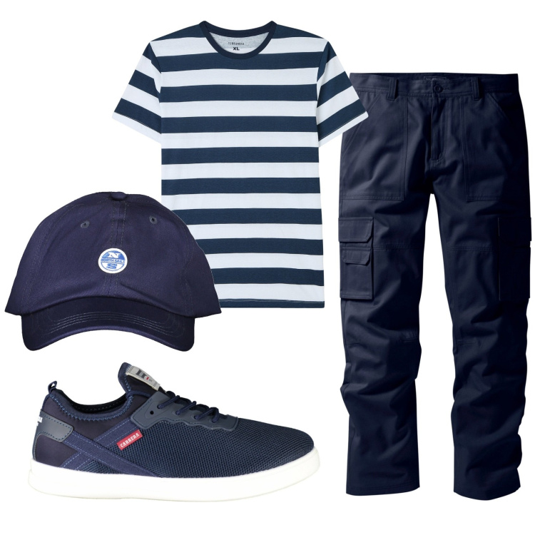 Outfit uomo - Total look #1880298. Stile Casual per Ufficio. Abbinamento con pantaloni cargo, t-shirt, cappelli con visiera, sneakers.