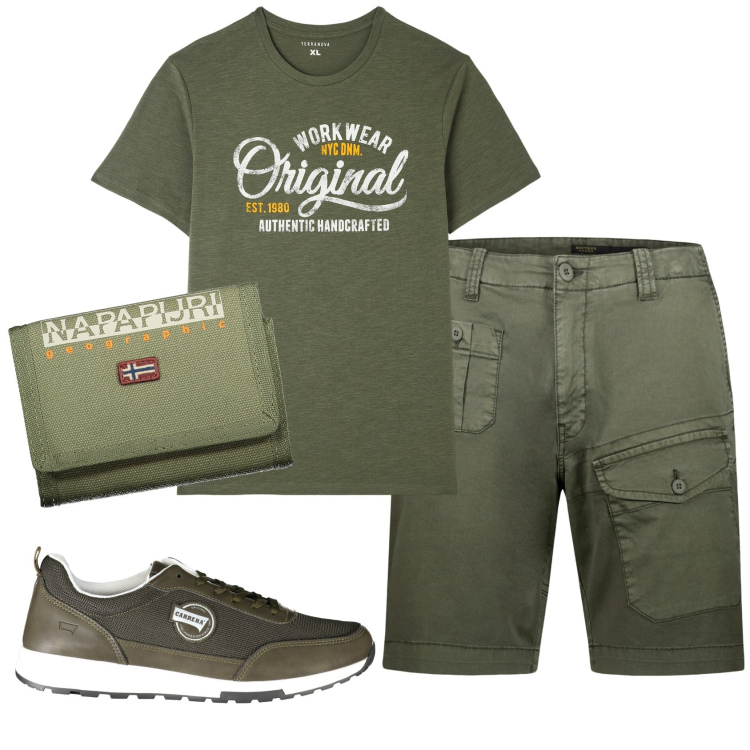 Outfit uomo - Total look #1880302. Stile Casual per Tutti i giorni. Abbinamento con t-shirt, bermuda, portafogli, sneakers.