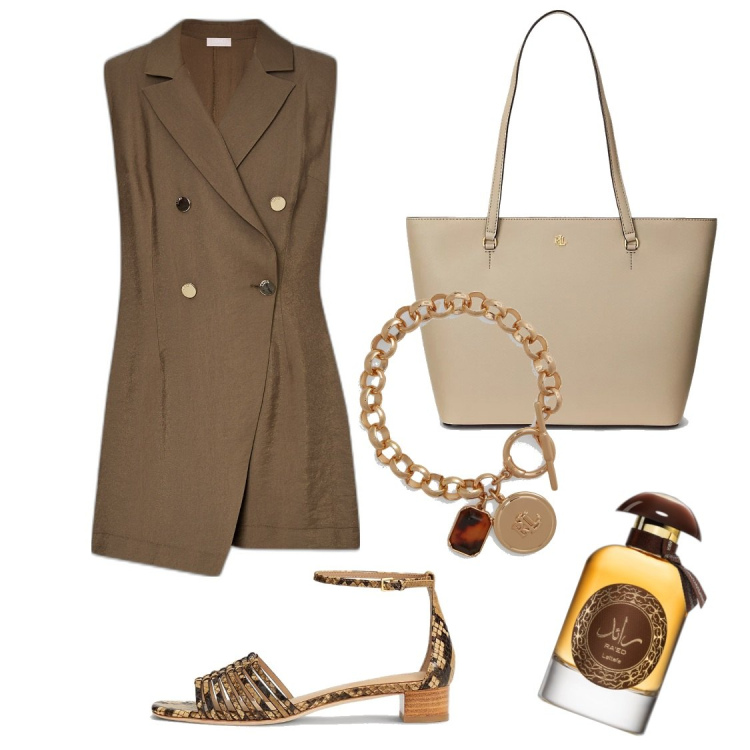 Outfit donna - Sandalo e borsa Lauren. Stile Bon Ton per Serata fuori. Abbinamento con profumi, borse tote, braccialetti, sandali in pelle, vestiti.