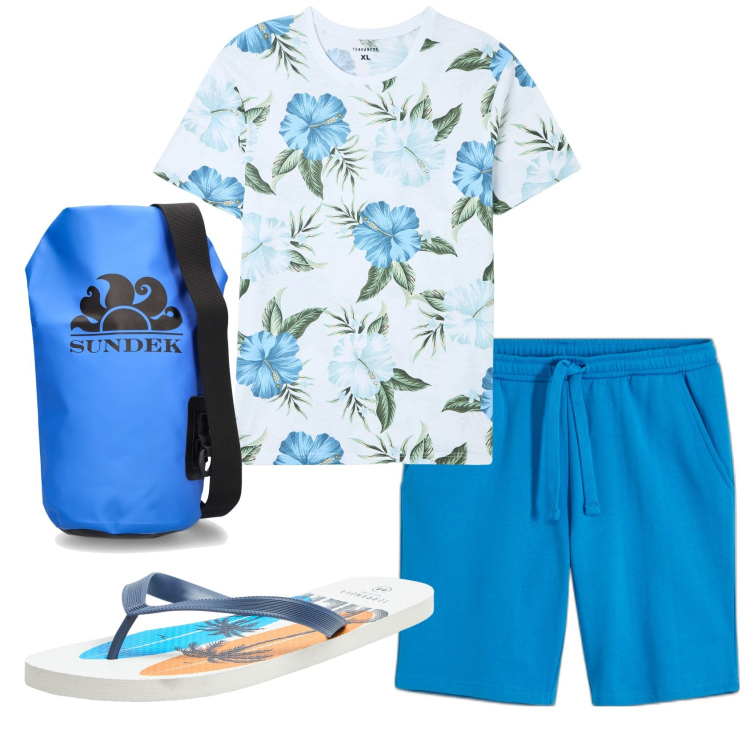 Outfit uomo - Total look #1880331. Stile Casual per Mare. Abbinamento con bermuda, t-shirt, sandali, borse sportive.