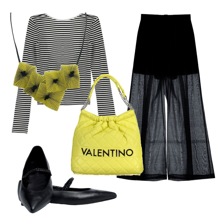 Outfit donna - Très jolie. Stile Glamour per Serata fuori. Abbinamento con ciondoli, t-shirt, pantaloni, ballerine, borse a spalla.