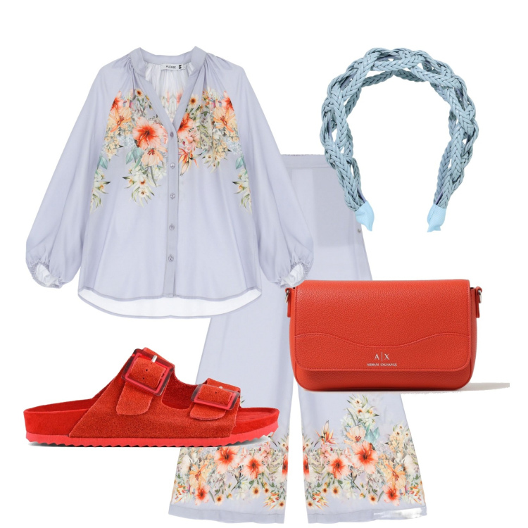 Outfit donna - Cielo al tramonto. Stile Romantica per Mare. Abbinamento con pantaloni a palazzo, bluse, fasce per capelli, sandali, borse a tracolla.