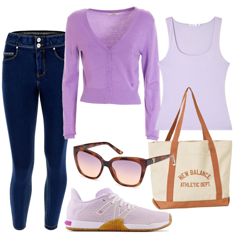 Outfit donna - Weekend in campagna. Stile Casual chic per Tutti i giorni. Abbinamento con canottiere, borse tote, sneakers, cardigans, jeans skinny, occhiali da sole.