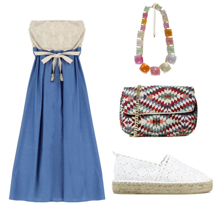 Outfit donna - Passeggiata in riva al mare. Stile Casual per Mare. Abbinamento con vestiti lunghi, pochette, collane, espadrillas.