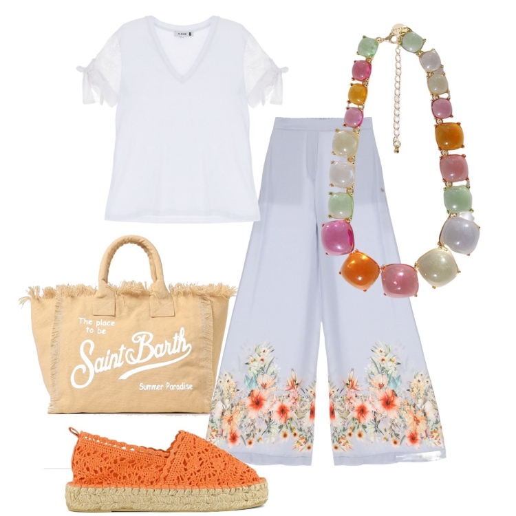 Outfit donna - Total look #1880393. Stile Romantica per Tutti i giorni. Abbinamento con t-shirt, pantaloni a palazzo, collane, espadrillas, borse a spalla.