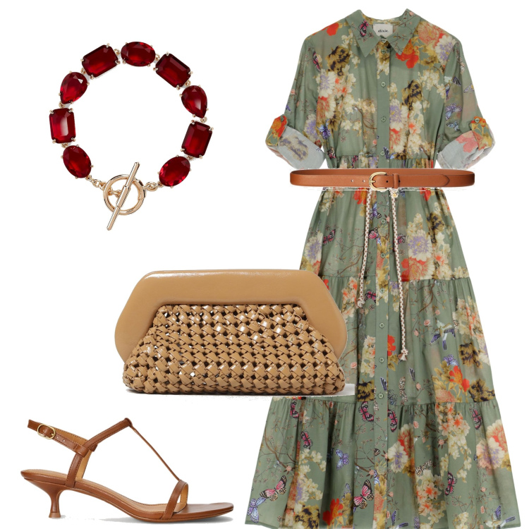 Outfit donna - Stampe floreali. Stile Bon Ton per Serata fuori. Abbinamento con vestiti lunghi, cinture, sandali col tacco, braccialetti, pochette.
