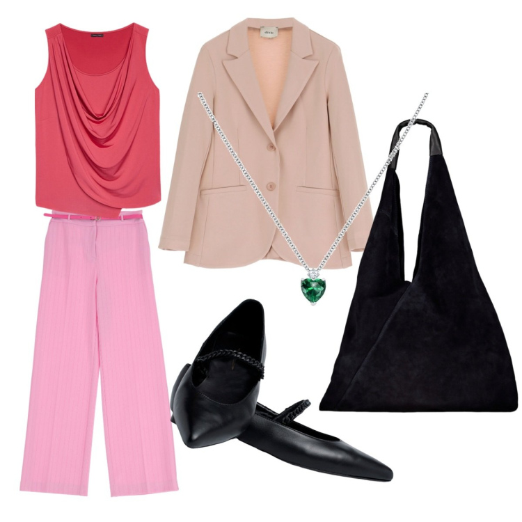 Outfit donna - Un pochino di colore. Stile Bon Ton per Tutti i giorni. Abbinamento con collane, pantaloni, blazer, ballerine, top, borse a spalla.