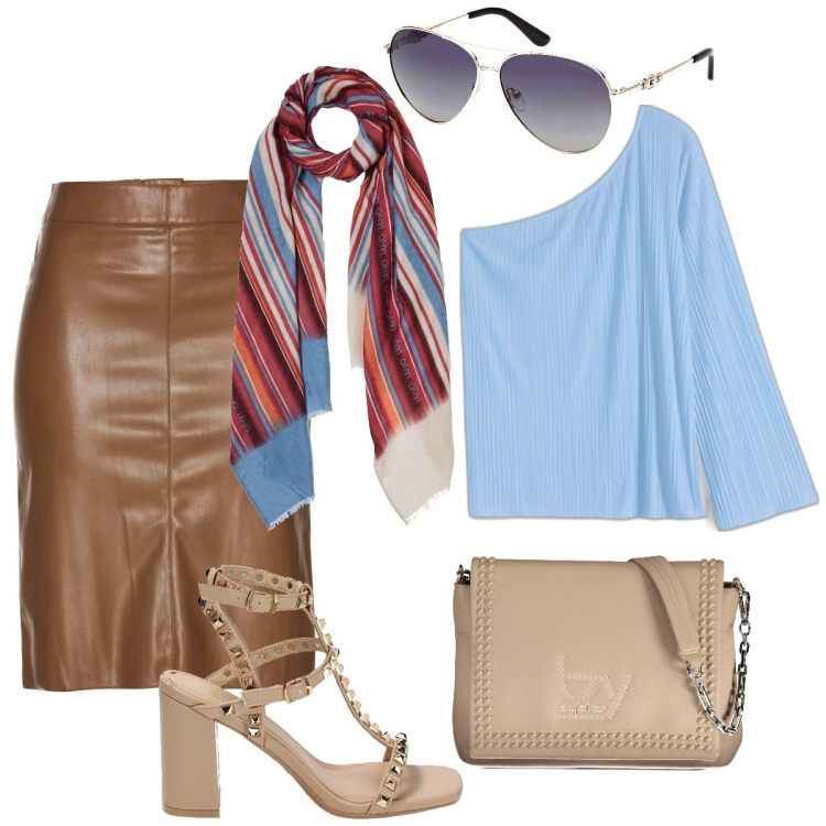 Outfit donna - L\'eleganza di un foulard. Stile Casual chic per Ufficio. Abbinamento con gonne longuette, bluse, sandali col tacco, stole, occhiali da sole, borse a spalla.