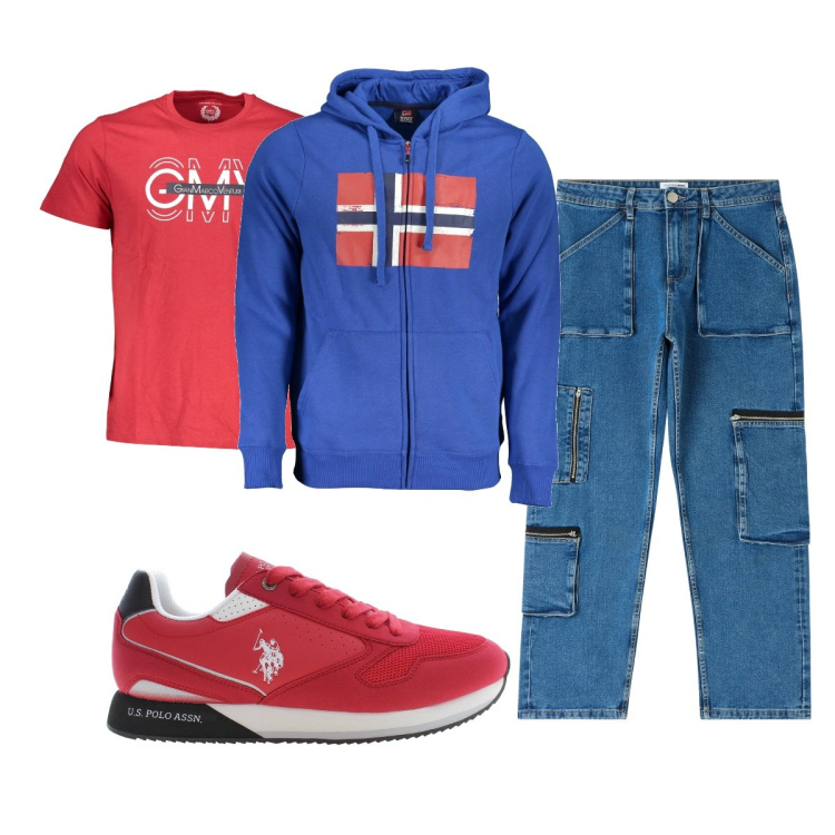 Outfit uomo - Total look #1880484. Stile Casual per Tutti i giorni. Abbinamento con jeans, felpe con cappuccio, scarpe sportive, t-shirt.