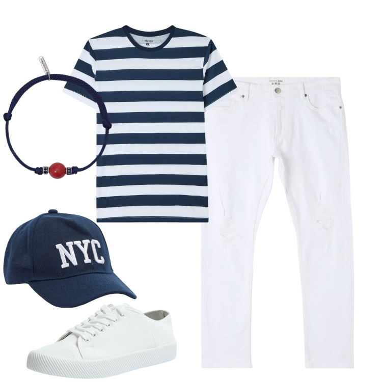 Outfit uomo - Total look #1880488. Stile Casual per Tutti i giorni. Abbinamento con t-shirt, jeans strappati, sneakers, cappelli, braccialetti.