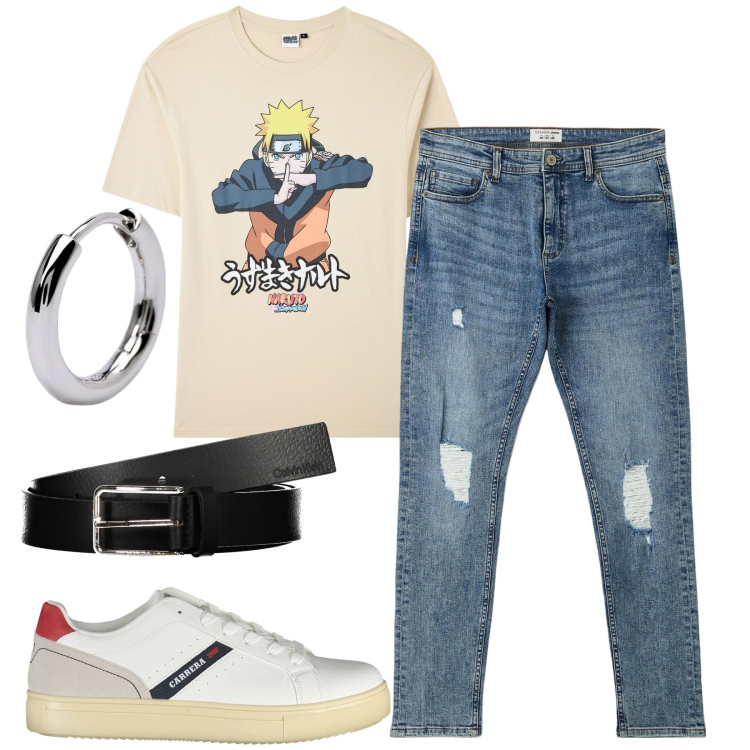 Outfit uomo - City. Stile Urban per Tutti i giorni. Abbinamento con t-shirt, jeans strappati, orecchini, scarpe sportive, cinture.