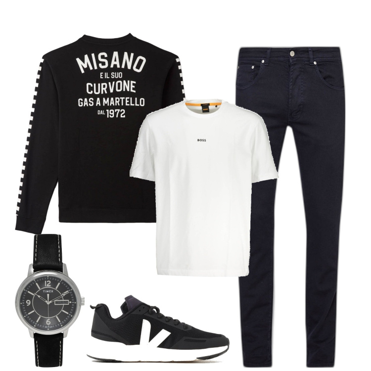Outfit uomo - City. Stile Casual per Tutti i giorni. Abbinamento con orologi, felpe, jeans slim fit, t-shirt, sneakers.