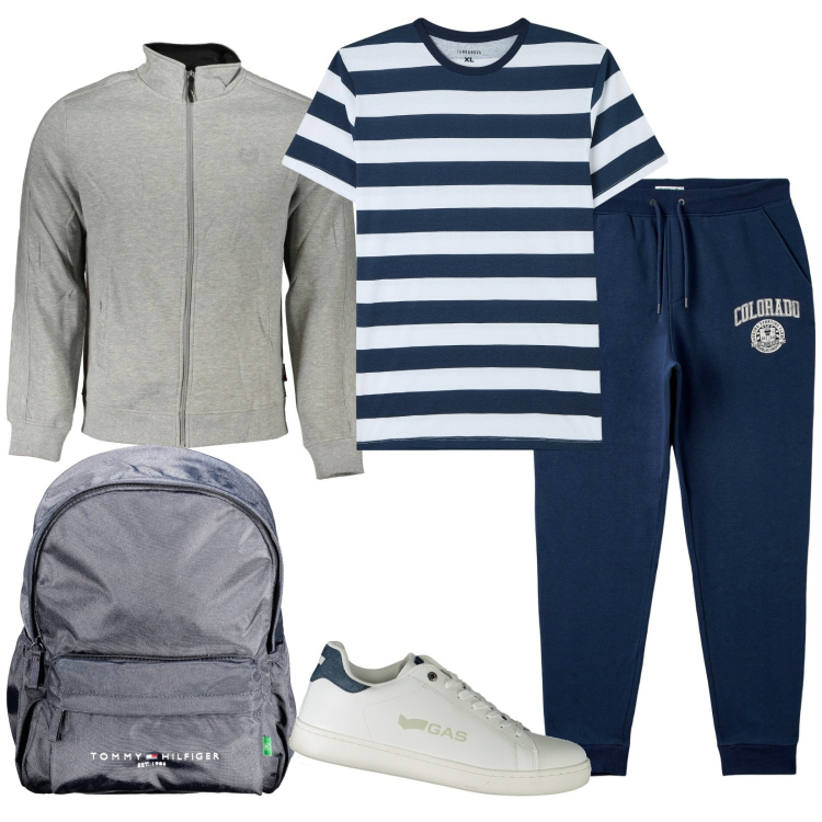 Outfit uomo - L\'ora di ginnastica. Stile Casual per Sport. Abbinamento con t-shirt, pantaloni, sneakers, felpe, borse sportive.
